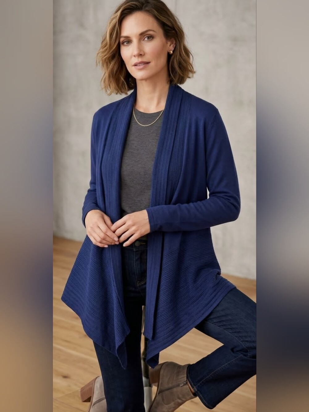 Liz Claiborne Navy Open-Front Waterfall Cardigan